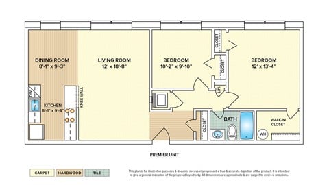 Floor plan for 2 beds, 1 bath, 947 sqft